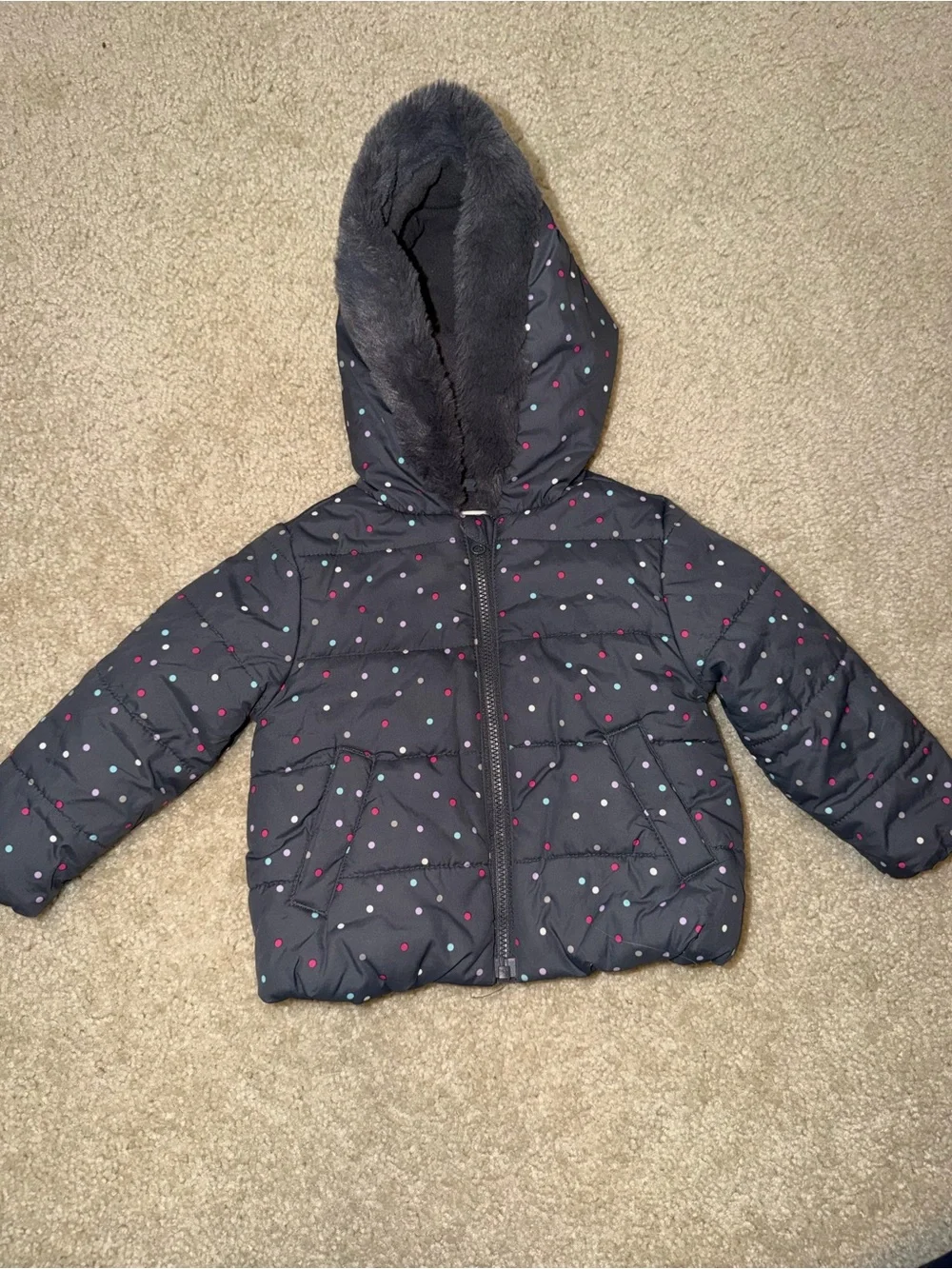 Gymboree Black Puffer Jacket with Multicolor Polka Dots and Faux-Fur Hood